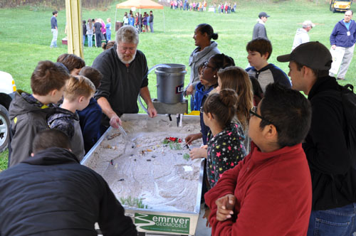 Students gather around a model to learn how stormwater impacts the terrain.