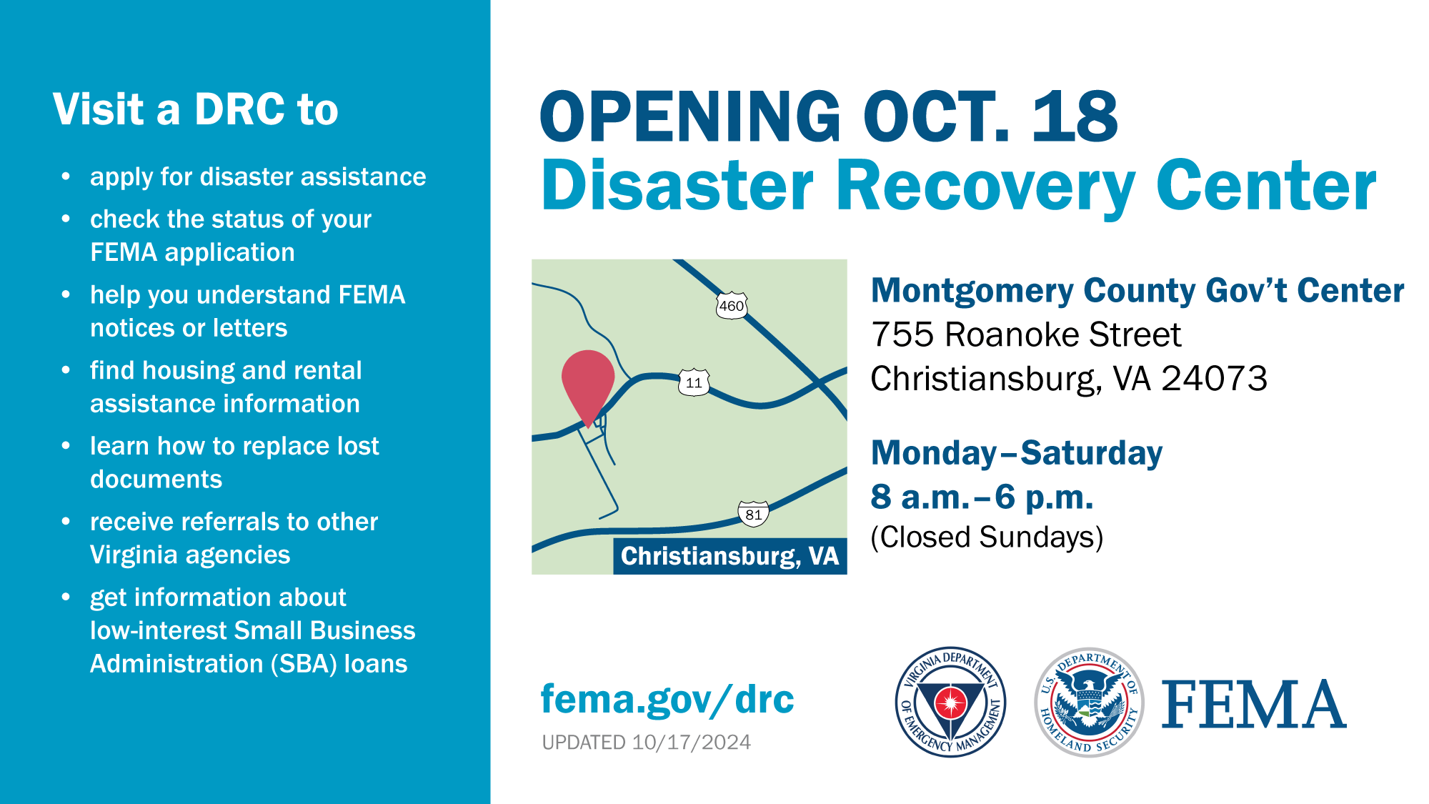 FEMA DRC Christiansburg info FEMA DRC Christiansburg info