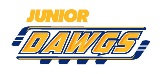 Junior Dawgs logo in yellow and blue with two hockey sticks around the word 