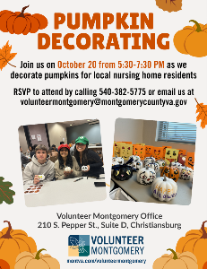 Join us on October 30 from 5:30- 7:30 PM as we decorate pumpkins for local nursing homes. You can email or call the office if you would like to come.